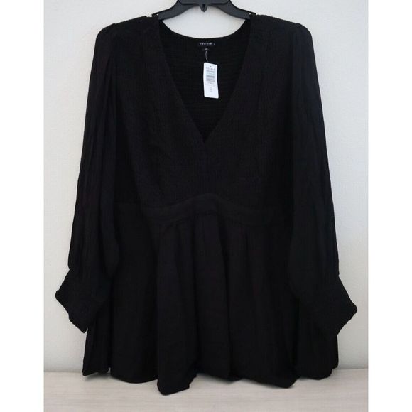 Torrid Women's Sz 4 (4X) Black Long Sleeve V-Neck Smocked Waist Babydoll Shirt - Picture 1 of 6